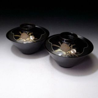 6K5: Vintage Japanese Lacquered Wooden Covered Bowls,  Maki - e,  Pinecones 5