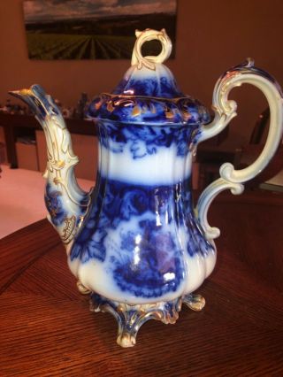 Rare Flow Blue Rococo Style Coffee Pot