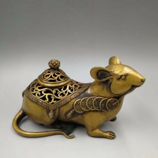 Chinese Old Brass Sculpture Mouse Hollow Incense Burner Home Decoration