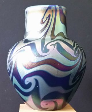 Vintage Lundberg Studios Iridescent Art Glass Mini Vase 1975 Mark Cantor 2 3/4 