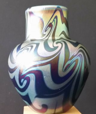 Vintage Lundberg Studios Iridescent Art Glass Mini Vase 1975 Mark Cantor 2 3/4 