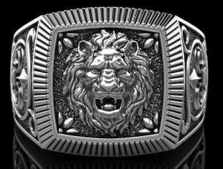 Large Lion Mens Ring In 925 Sterling Silver Antique Unique Vintage Design