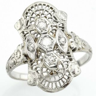 Antique 18K White Gold 0.  10 TCW Diamond Filigree Cocktail Ring 3g Sz 6 G/H VS - 2 2