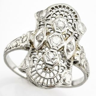 Antique 18K White Gold 0.  10 TCW Diamond Filigree Cocktail Ring 3g Sz 6 G/H VS - 2 4