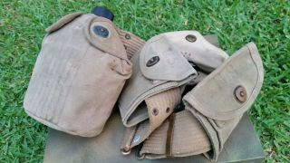Early U.  S.  Wwii Combat Belt Canteen 2 Ammo Pouches And Carlisle Pouch