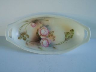Antique German Pink Rose Floral Porcelain Oval Bowl Hand Painted