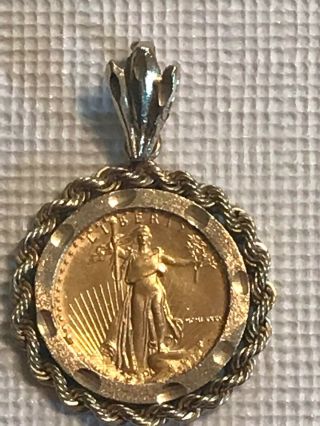 1/10 Oz 1986 American Eagle $5 Gold Coin Pendant Necklace W 14k Gold Rope Bezel