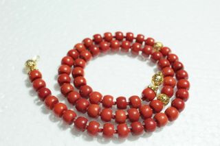 Yellow gold Art Deco 100 Natural Coral 18k /750 Hand Carved Organic Red Round 3