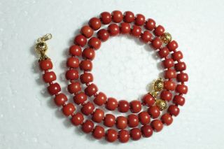 Yellow gold Art Deco 100 Natural Coral 18k /750 Hand Carved Organic Red Round 6