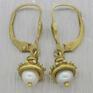 Ladies Vintage Estate 14k Yellow Gold 5mm Pearl Drop Dangle Snap Back Earrings