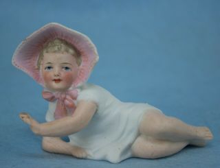 Vintage Antique Bisque Piano Baby Girl In Pink Bonnet 3 " X 5 "
