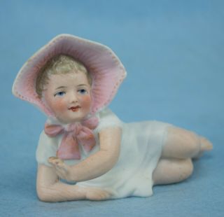 Vintage Antique Bisque Piano Baby Girl in Pink Bonnet 3 