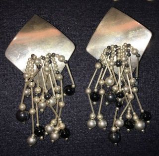 Large Vintage Sterling Silver & Onyx Stone Susan Cummings Clip Earrings