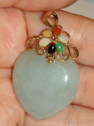 Wow Vintage 14k Solid Ygold Multi Color Flower Heart Jadeite Pendant 12.  4grams