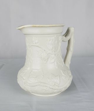 1846 MINTON WHITE SALT GLAZE RELIEF MOLDED PRIZE WINNING PITCHER FIGURAL HANDLE 2