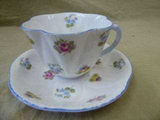 Vintage Shelley Fine Bone China Scalloped Teacup And Saucer - White/blue Floral
