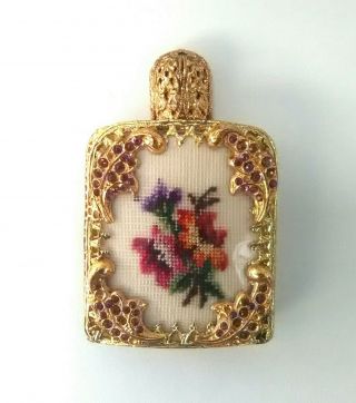 Rare Pompadour Embroidery Petite Perfume Bottle Brass Filagree Austria S&h