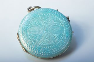 Antique Silver Art Deco Light Blue Guilloche Enamel Pendant Photo Locket