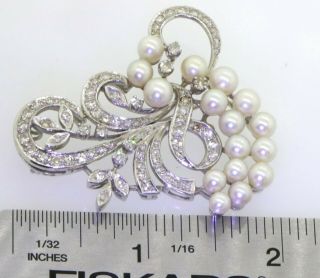 Vintage 1950s heavy 14K WG 1.  20CT VS diamond/4 - 5.  7mm pearl cluster floral brooch 3
