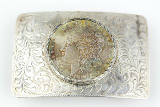 Vintage Style Engraved Sterling Silver Belt Buckle W/ 1896 Morgan Dollar