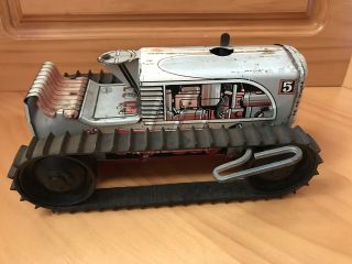 Marx Tin Litho Wind Up Red Toy Bulldozer Tractor No.  5,  Rubber Treads,