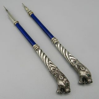 Rare Silver And Enamel Coated Matching Dip Pen And Propelling Pencil