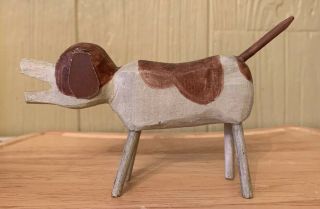 Wooden Primitive Hand Carved Folk Art Canine Stick Dog Figurine 5” Long 3” Tall