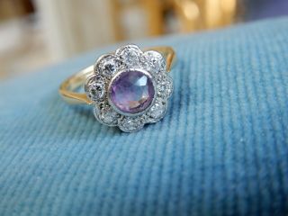 A Stunning 18 Ct Gold Antique Amethyst And Diamond Cluster Ring