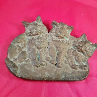 Rare Antique Old Solid Brass Bronze 3 Cat Kittens Ashtray Coin Tray