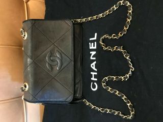 Auth Chanel Vintage Mini CC Chain Bag Black Leather 12
