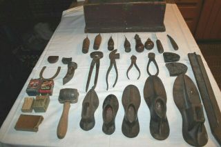 Antique Vintage Cobblers Leather Tools Wood Handle Wood Box Metal Forms