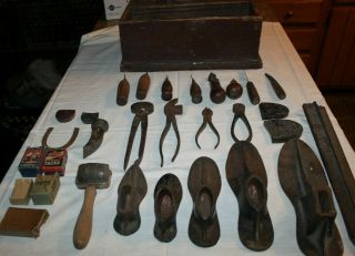 Antique Vintage Cobblers Leather Tools Wood Handle wood box metal forms 2