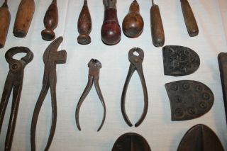 Antique Vintage Cobblers Leather Tools Wood Handle wood box metal forms 6