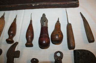 Antique Vintage Cobblers Leather Tools Wood Handle wood box metal forms 7