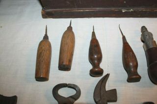Antique Vintage Cobblers Leather Tools Wood Handle wood box metal forms 8