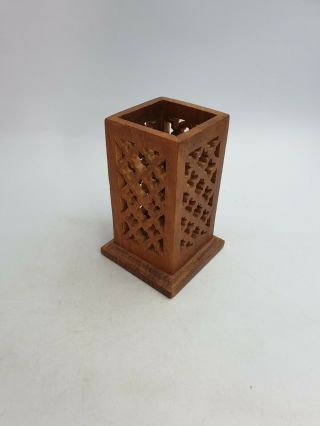 Vintage Indian Hand Carved Wooden Pen Pencil Holder Table Organiser Reticulated