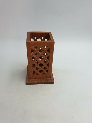 Vintage Indian Hand Carved Wooden Pen Pencil Holder Table Organiser Reticulated 2