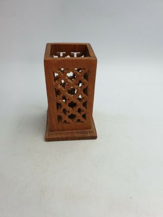 Vintage Indian Hand Carved Wooden Pen Pencil Holder Table Organiser Reticulated 3
