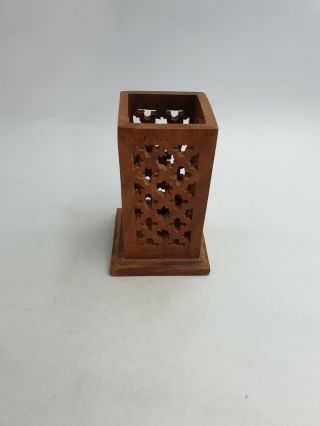 Vintage Indian Hand Carved Wooden Pen Pencil Holder Table Organiser Reticulated 4