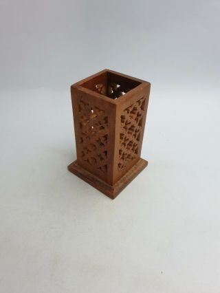 Vintage Indian Hand Carved Wooden Pen Pencil Holder Table Organiser Reticulated 5