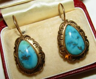 Exceptional,  Large,  Victorian 9 Ct Gold Ornate Earrings With Fine Turquoise Gems