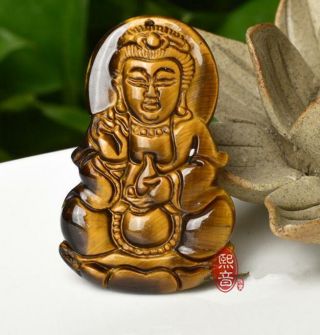 Unique Natural Tiger Eye Stone Hand Carved Guanyin Bodhisattva Pendant Necklace