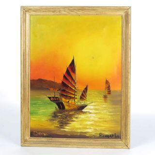 Robert Lo Painting Chinese Junk Boats Vtg Oil On Canvas Seascape Sailing Neon