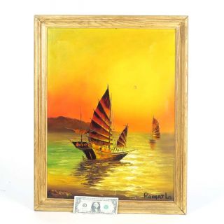 Robert Lo painting Chinese junk boats vtg oil on canvas seascape sailing neon 2