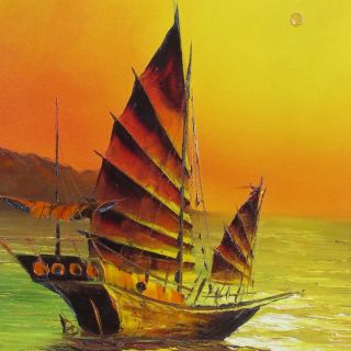 Robert Lo painting Chinese junk boats vtg oil on canvas seascape sailing neon 3