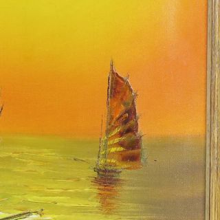 Robert Lo painting Chinese junk boats vtg oil on canvas seascape sailing neon 4
