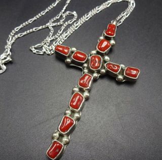 Vintage Navajo Sterling Silver & Old Red Mediterranean Coral Cross Pendant Chain