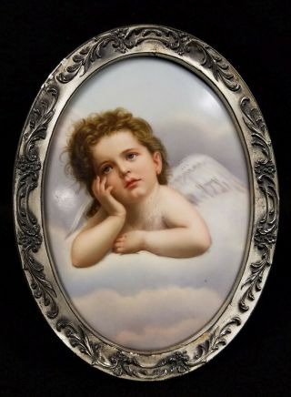 Fine Antique Oil Painting On Porcelain Angel In The Clouds