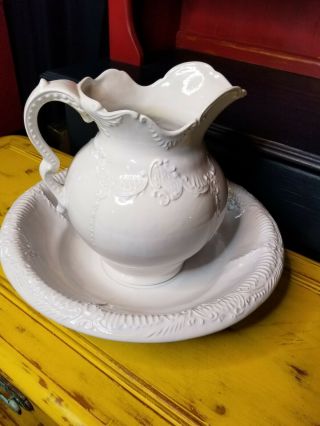 Antique Porcelain Pitcher And Wash Basin Bowl Set