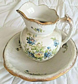 Antique Porcelain Pitcher And Wash Basin Bowl Set Floral With Gold Trim